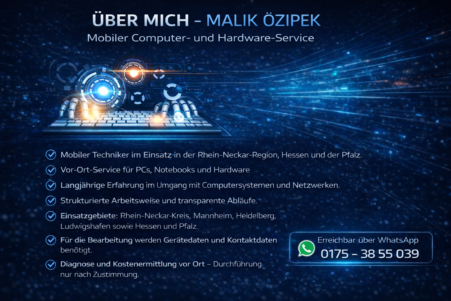 Mobiler Computer- und Hardware-Service von Malik Özipek – Einrichtung, Optimierung und Unterstützung bei PCs und Laptops vor Ort. Kontakt: 0175 3855039.