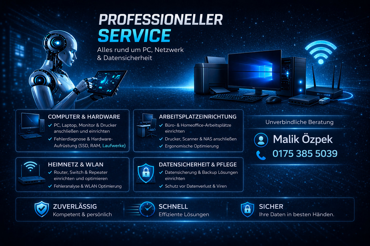 Mobiler Computer- und Hardware-Service von Malik Özipek – Einrichtung, Optimierung und Unterstützung für PCs und Laptops direkt vor Ort